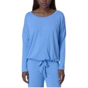Eberjey Gisele Tencel Modal Slouchy Long Sleeve Tie Waist Top Blue Medium